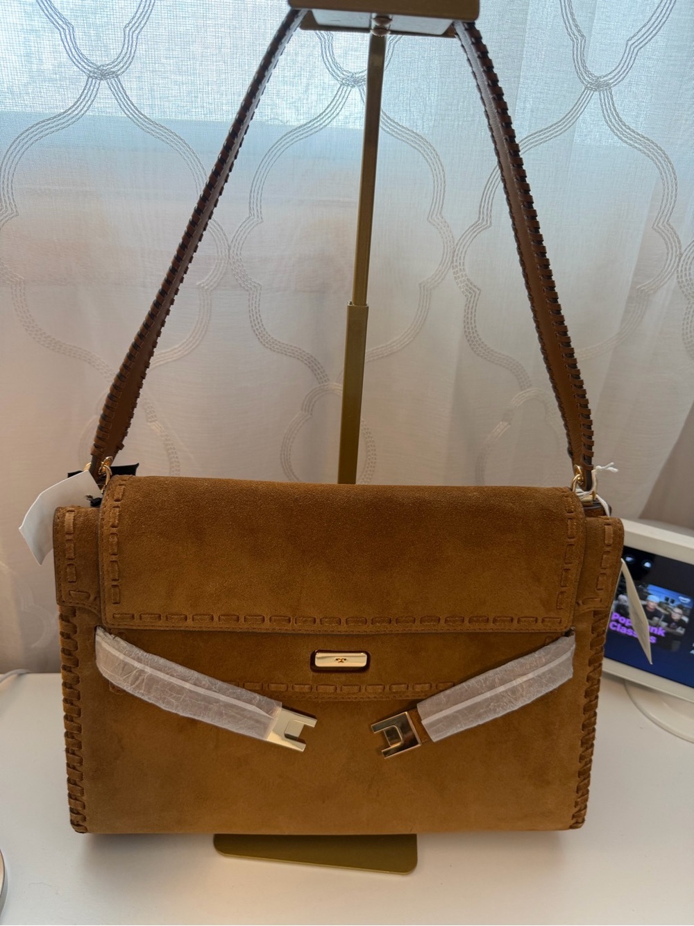 Tory Burch Large Lee Radziwill Whipstitch Suede Shoulder Bag in Wild Tobacco - Picture 2 of 11